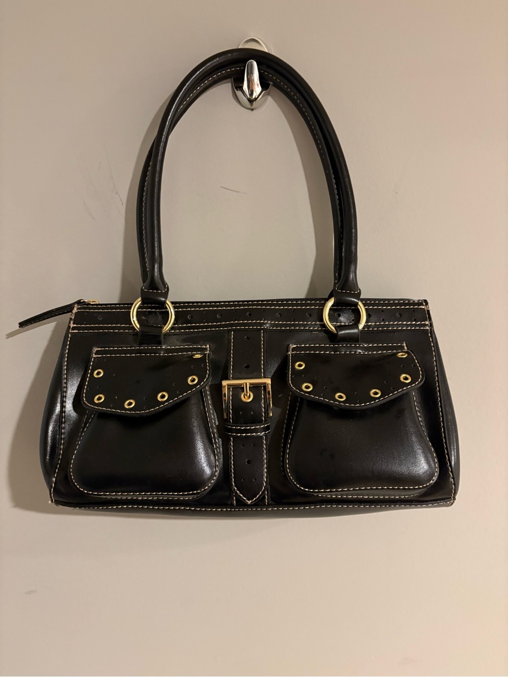 Black Y2K Style Satchel Handbag Gold Hardware Buckle Pocket Shoulder Bag